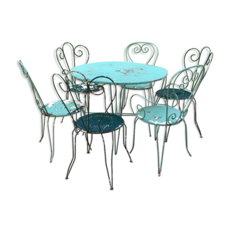 Garden blue green patinated wrought iron 3 chairs and 3 armchairs