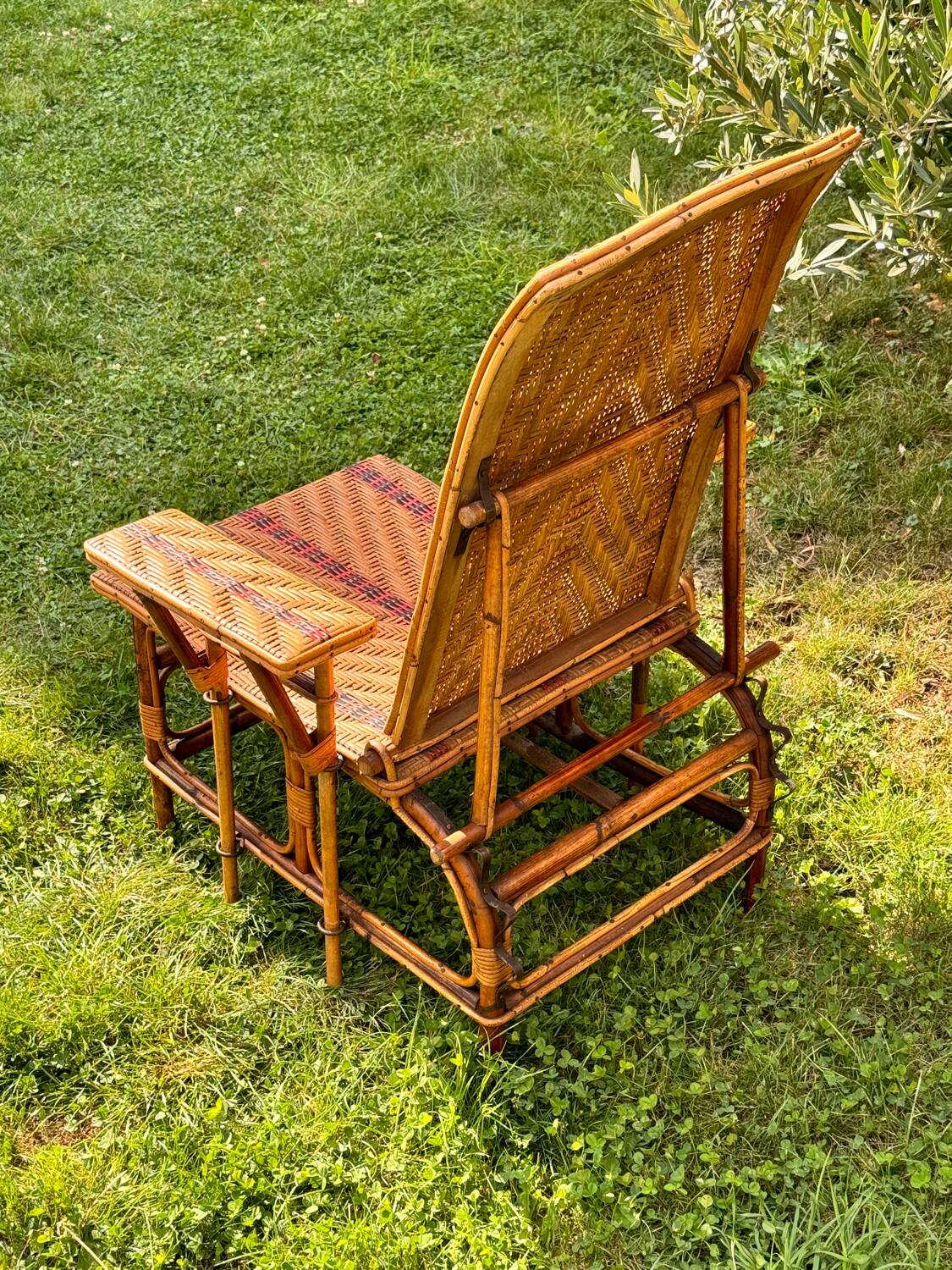 Antique rattan and wicker chaise longue, circa 1930