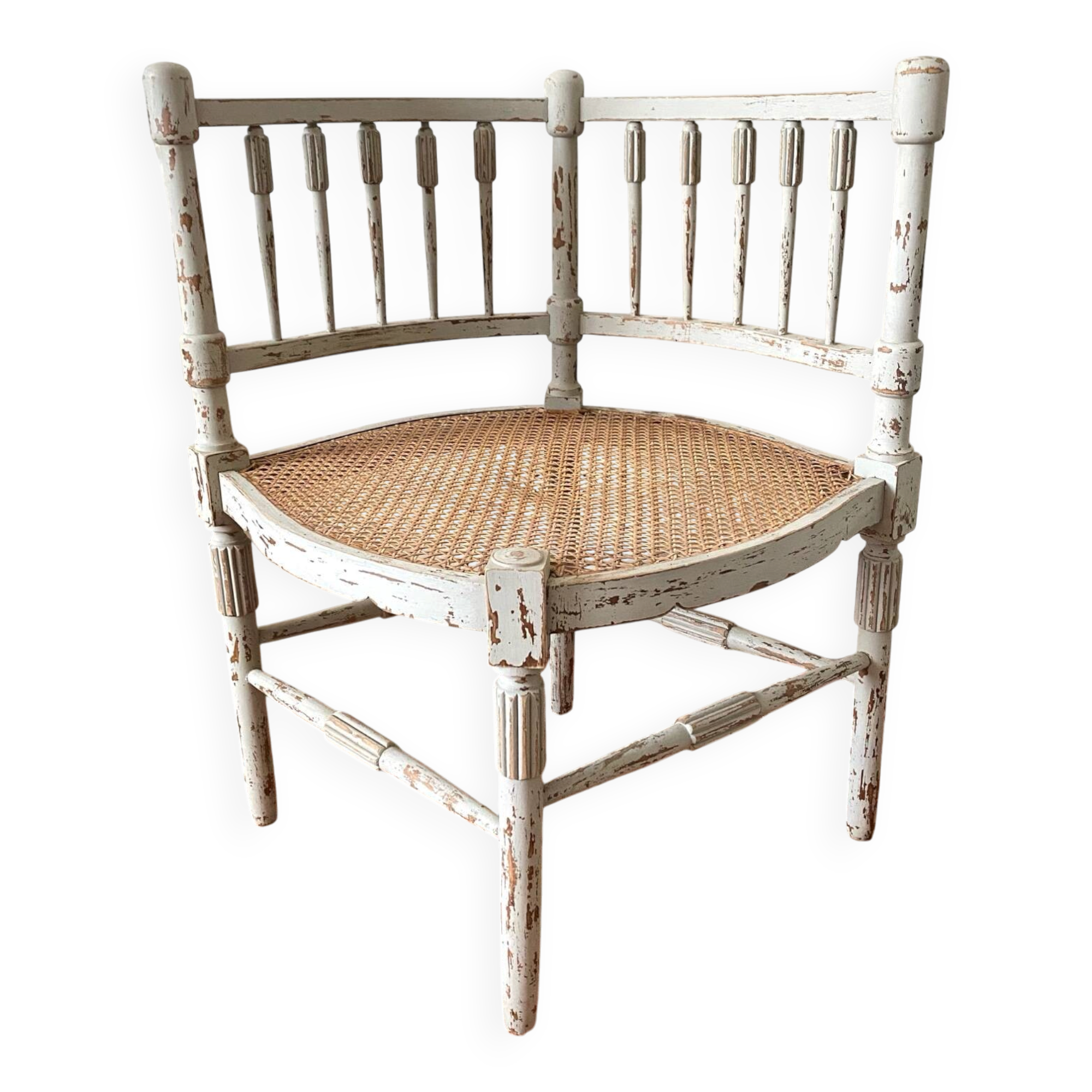19th-century corner fireplace armchair, wood and cane.