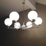 Six-light chrome metal chandelier and opaque glass globes / vintage 60s and 70s