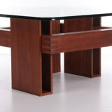 French Brutalist Design coffee table of teak with glass top, 1970