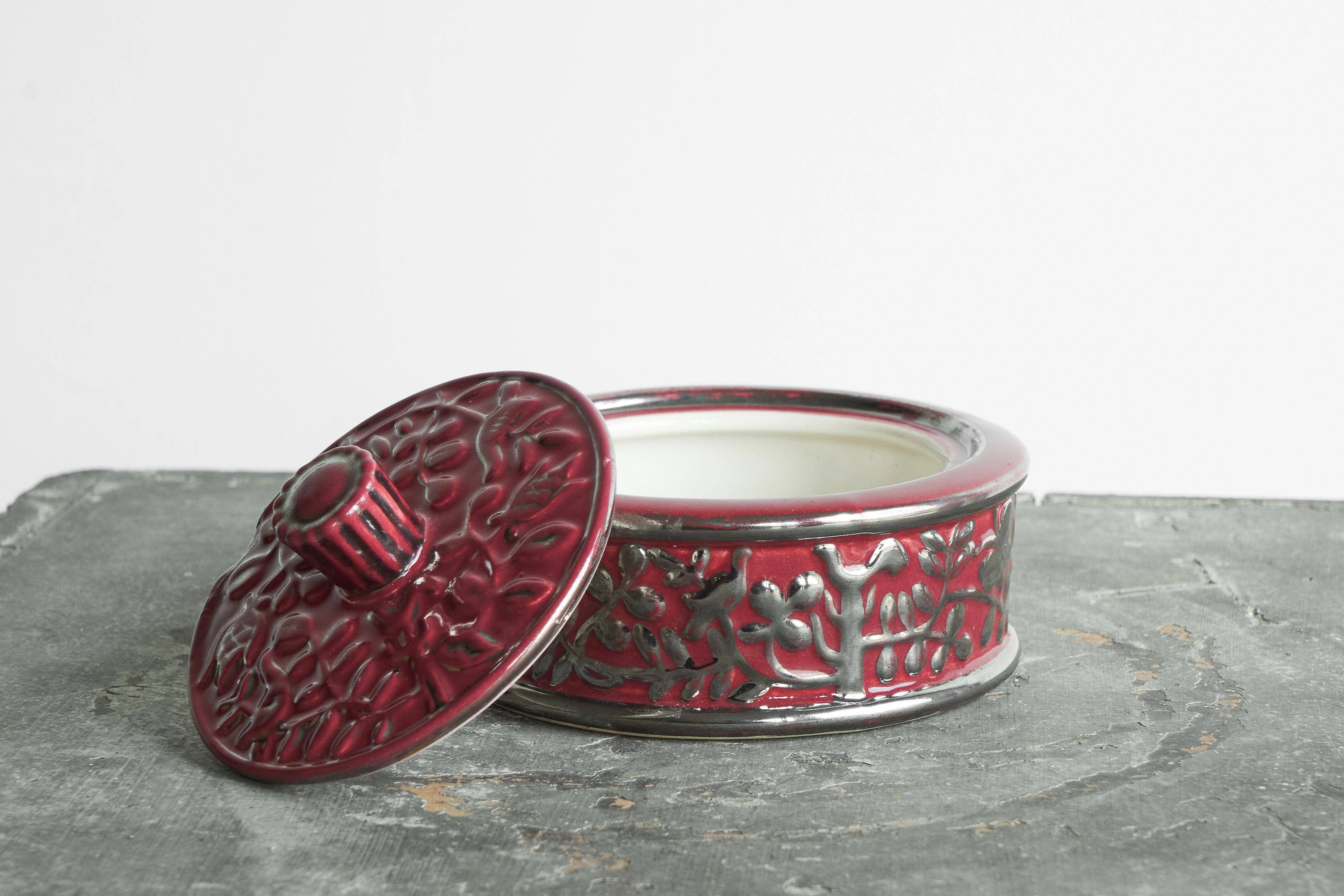 Boch Frères Keramis Rosa bowl with lid, flowers and butterflies in silver glaze.
