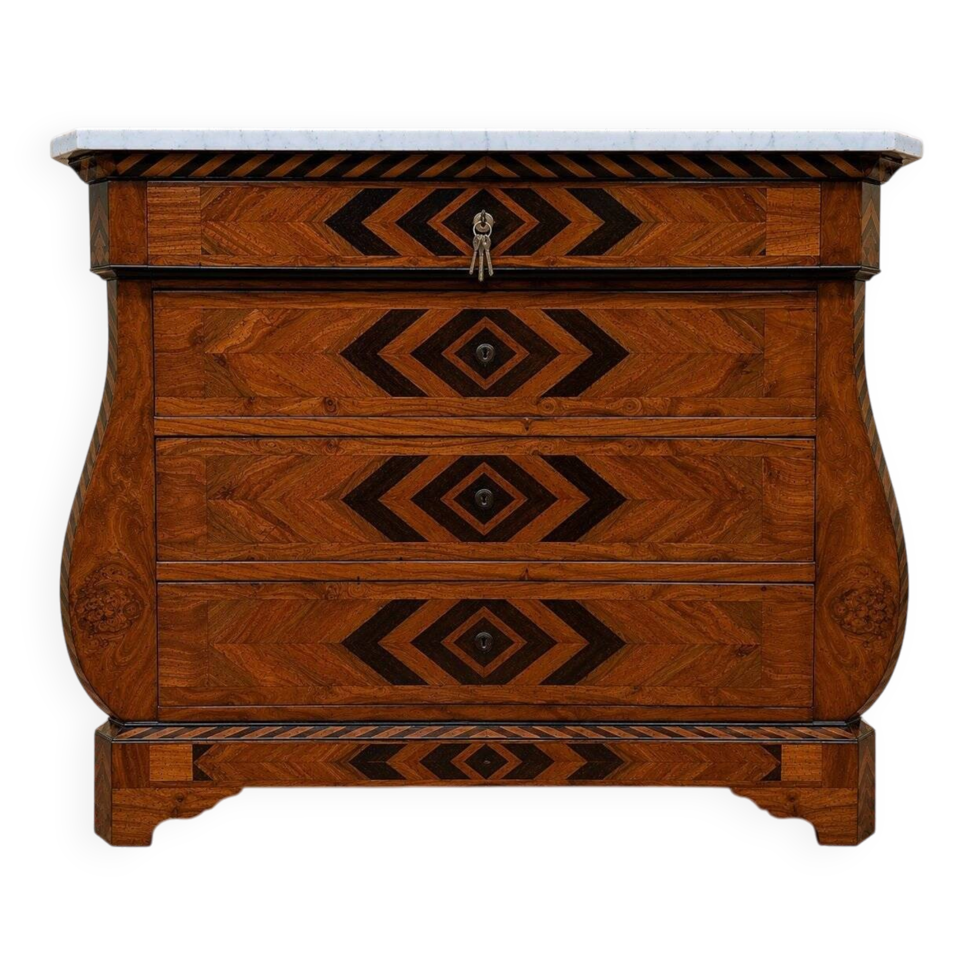 Swiss style marquetry commode – Carrara marble top