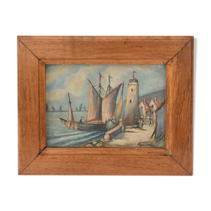 Huile sur panneau Scène portuaire