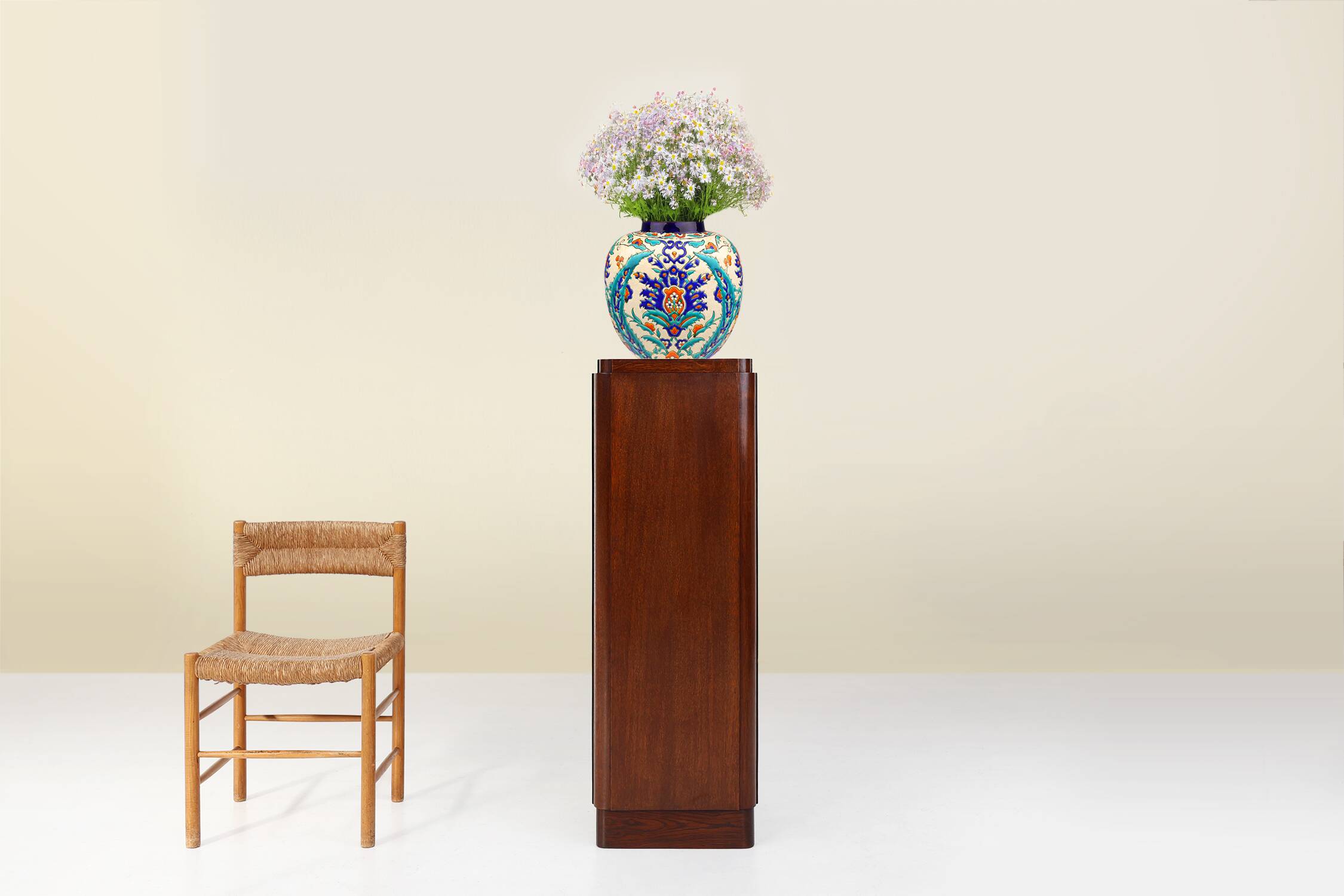 Large Art Deco console or pedestal in dark oak veneer, Belgium, 1920s