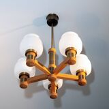 Lustre scandinave à 5 branches, opaline, bois et laiton, 1960
