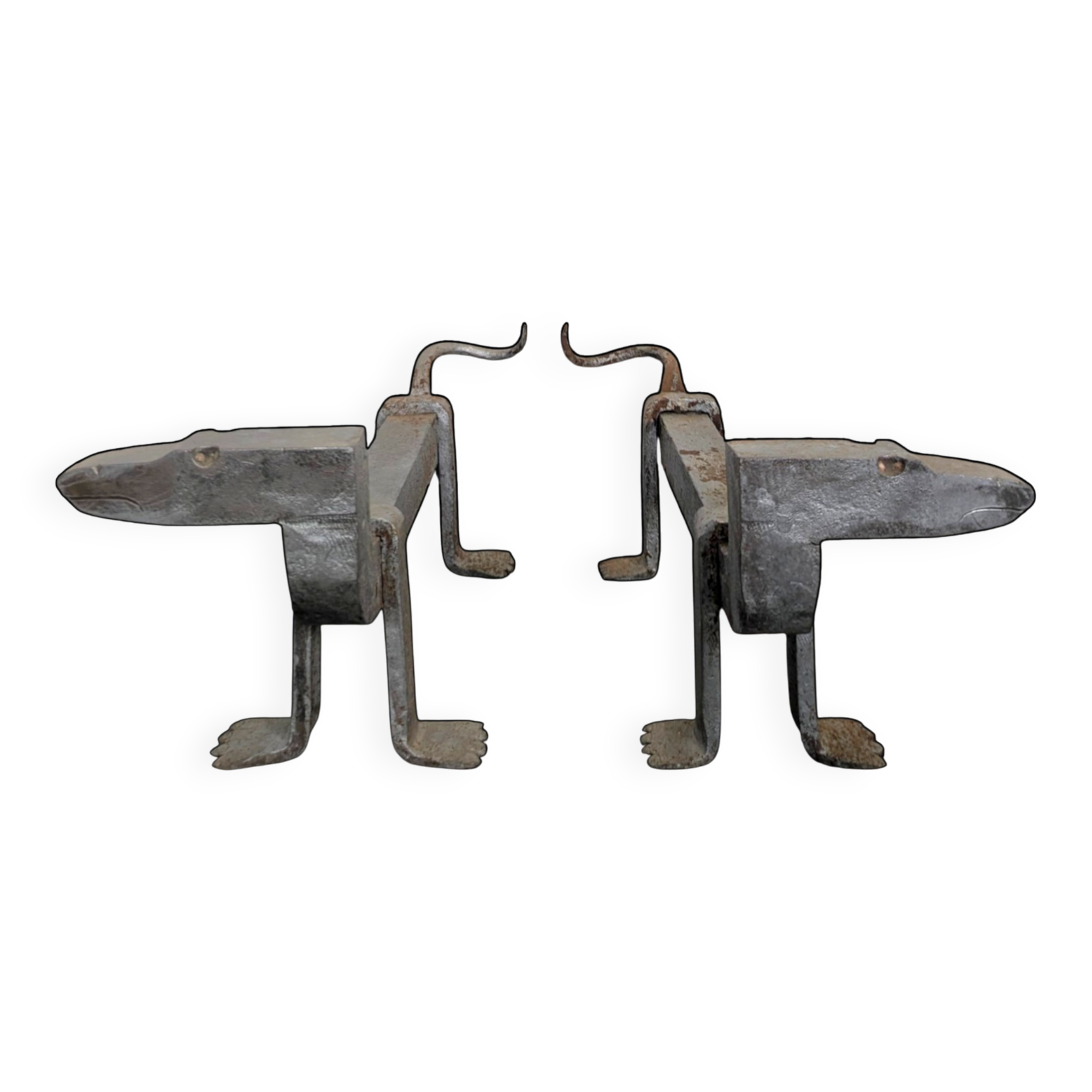 Pair of zoomorphic andirons, couple of dachshunds.