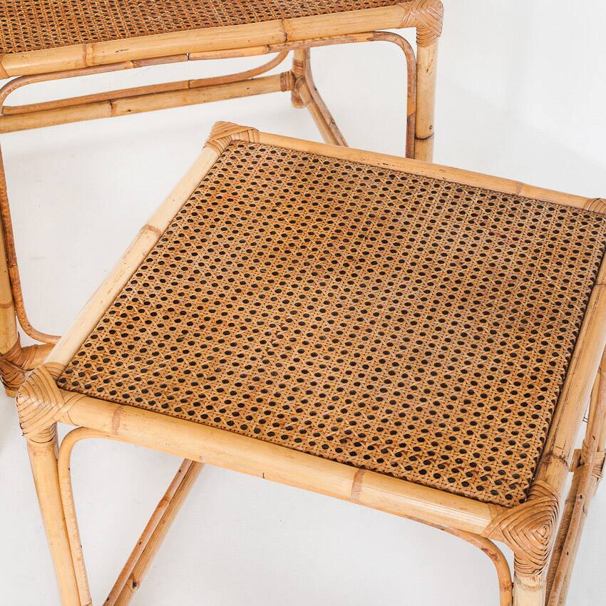 Set of three vintage nesting tables in cane. France, 1960s