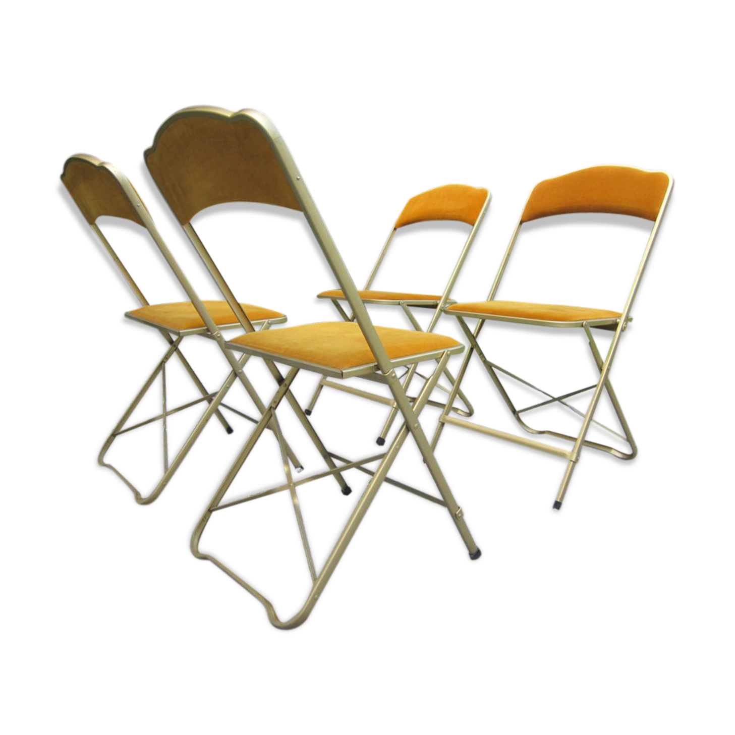 Série de 4 chaises pliantes métal doré et tissus
