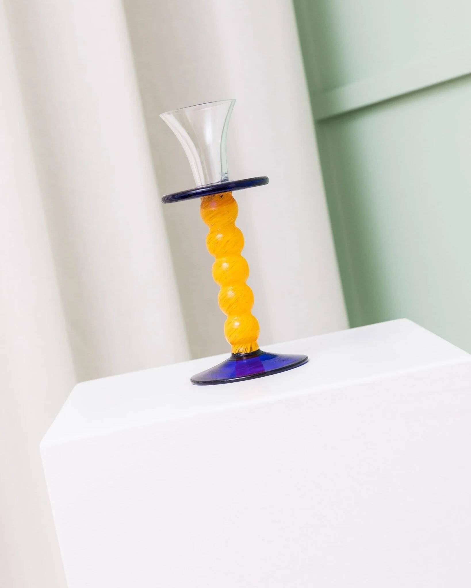 Murano Glass Candleholder - Postmodern Memphis Milano 1980s, Yellow Stem, Cobalt Base, Clear Cup