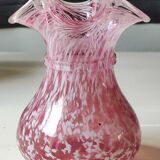 Boule Vase/Clichy Glassware. Scalloped collar. Variegated pink/white. Dim 20 x 15 cm