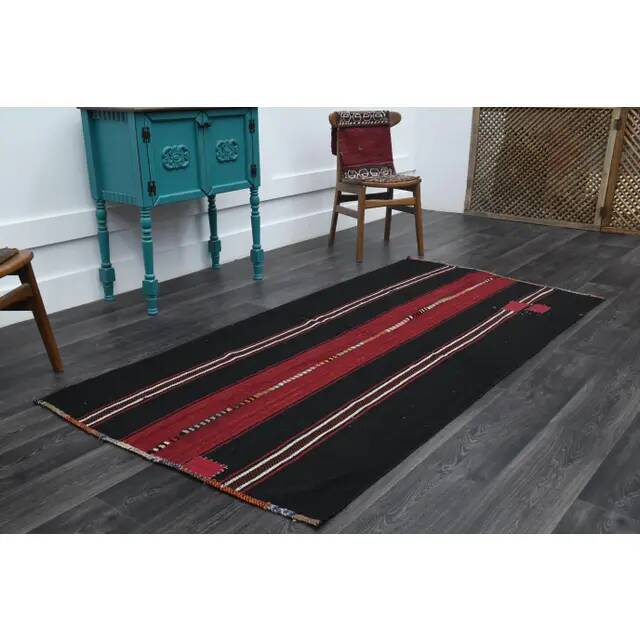 1970s Turkish Hand-Knotted Wool Cotton Black Kilim Runner Rug 118x238