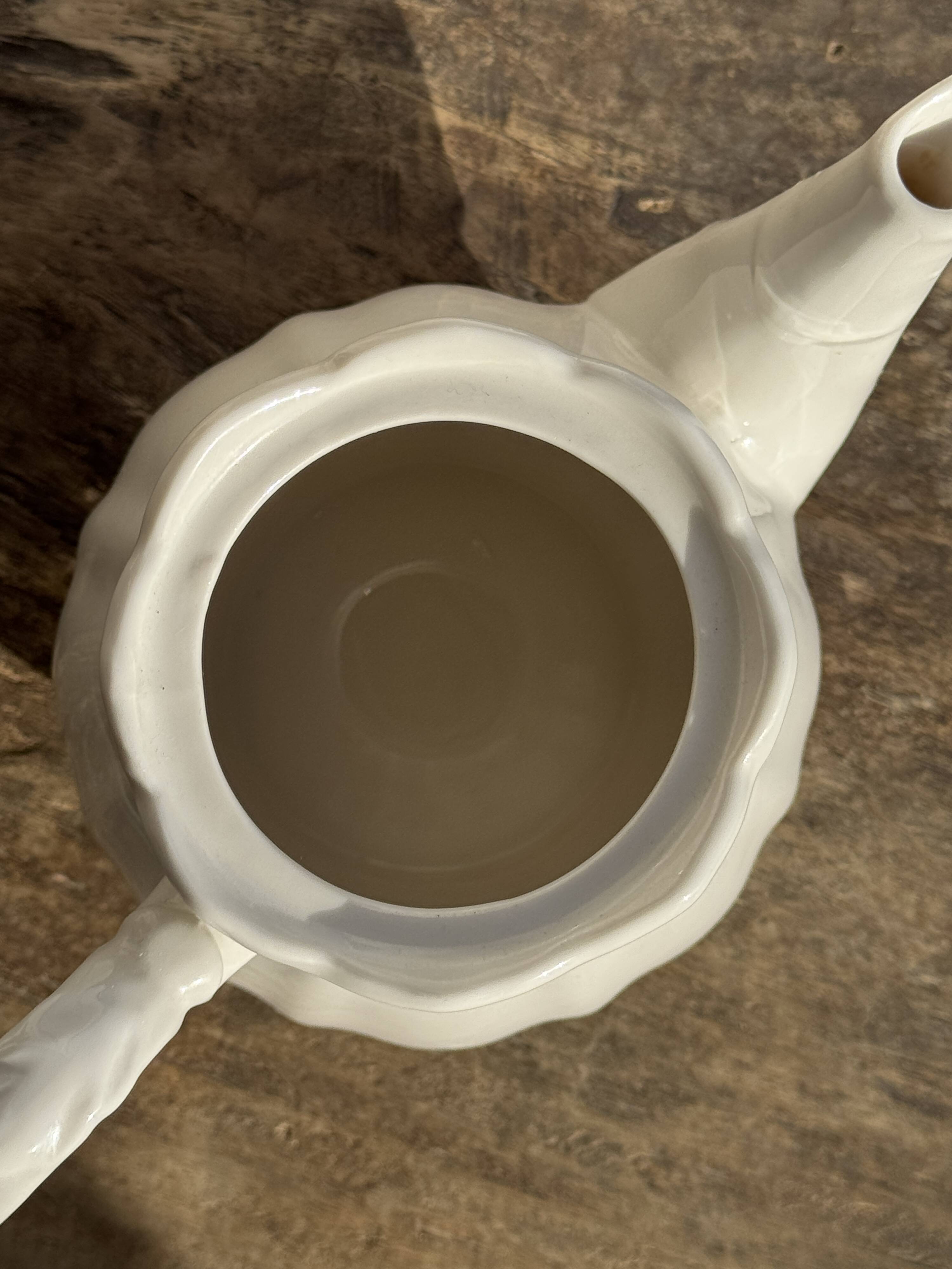 White earthenware teapot with blue and silver trim H22.5