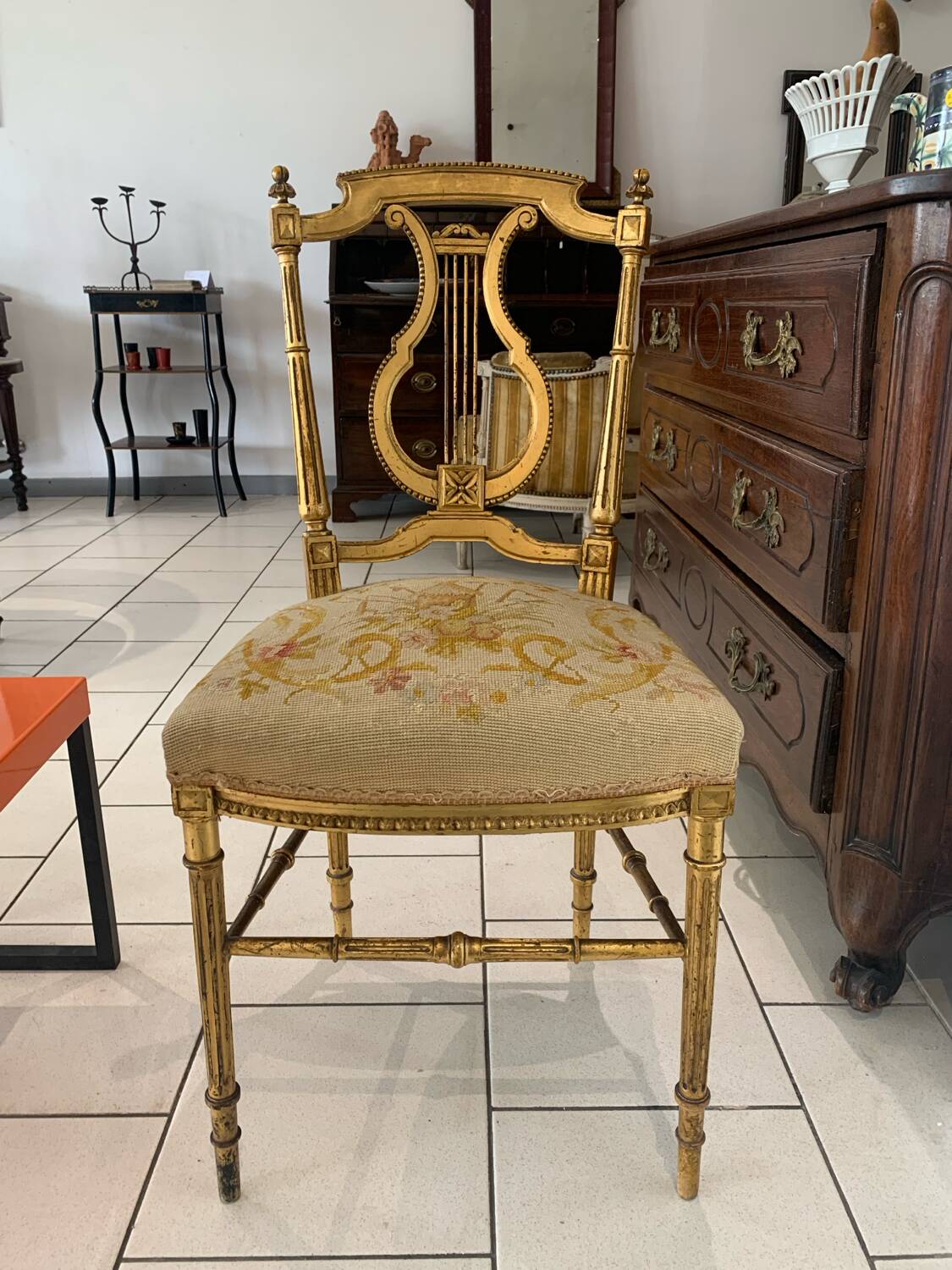 Old Lyre Ballroom Chair, Gilded Wood, Old Tapestry