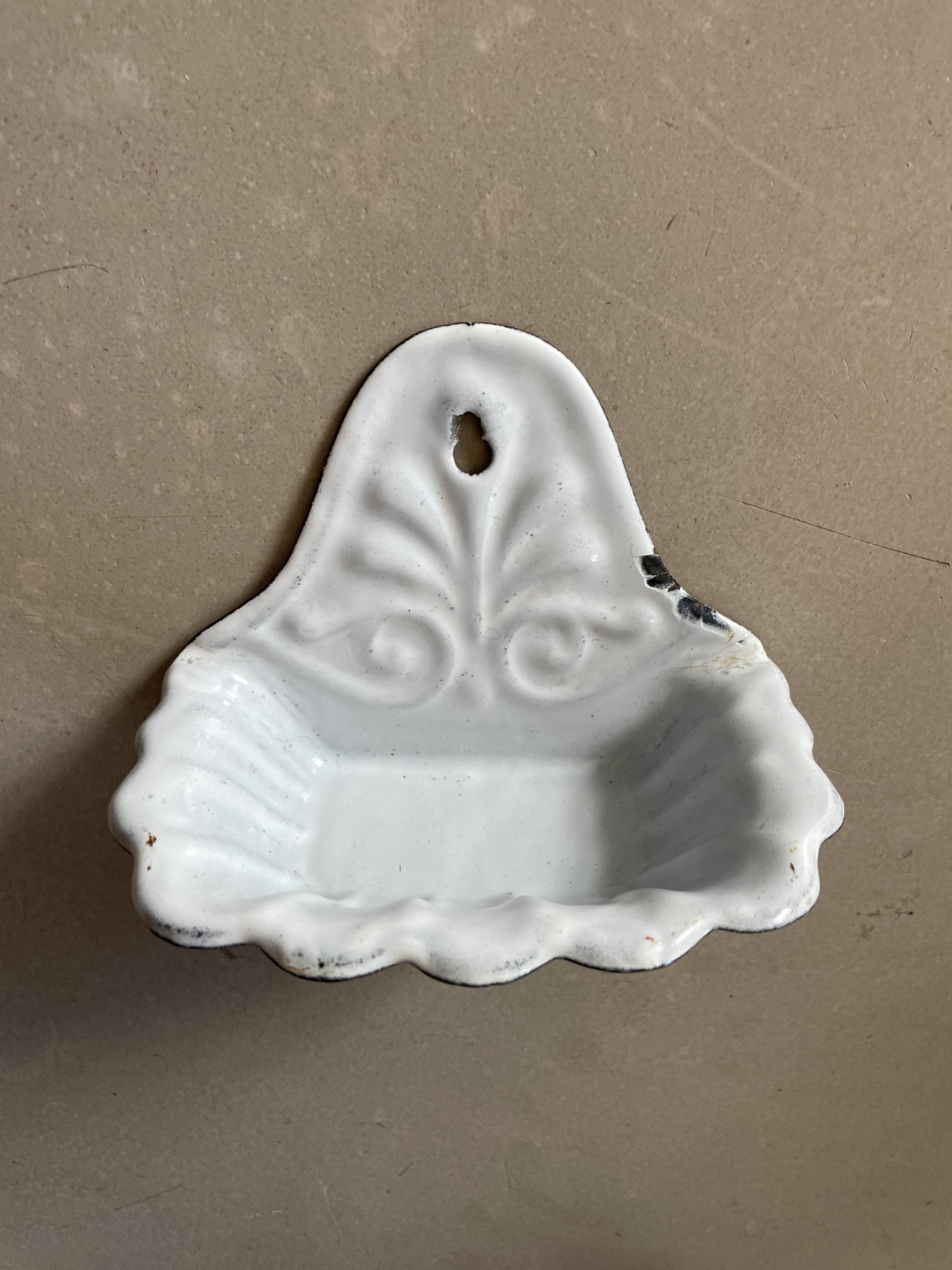 Antique enamelled metal wall mounted soap dish