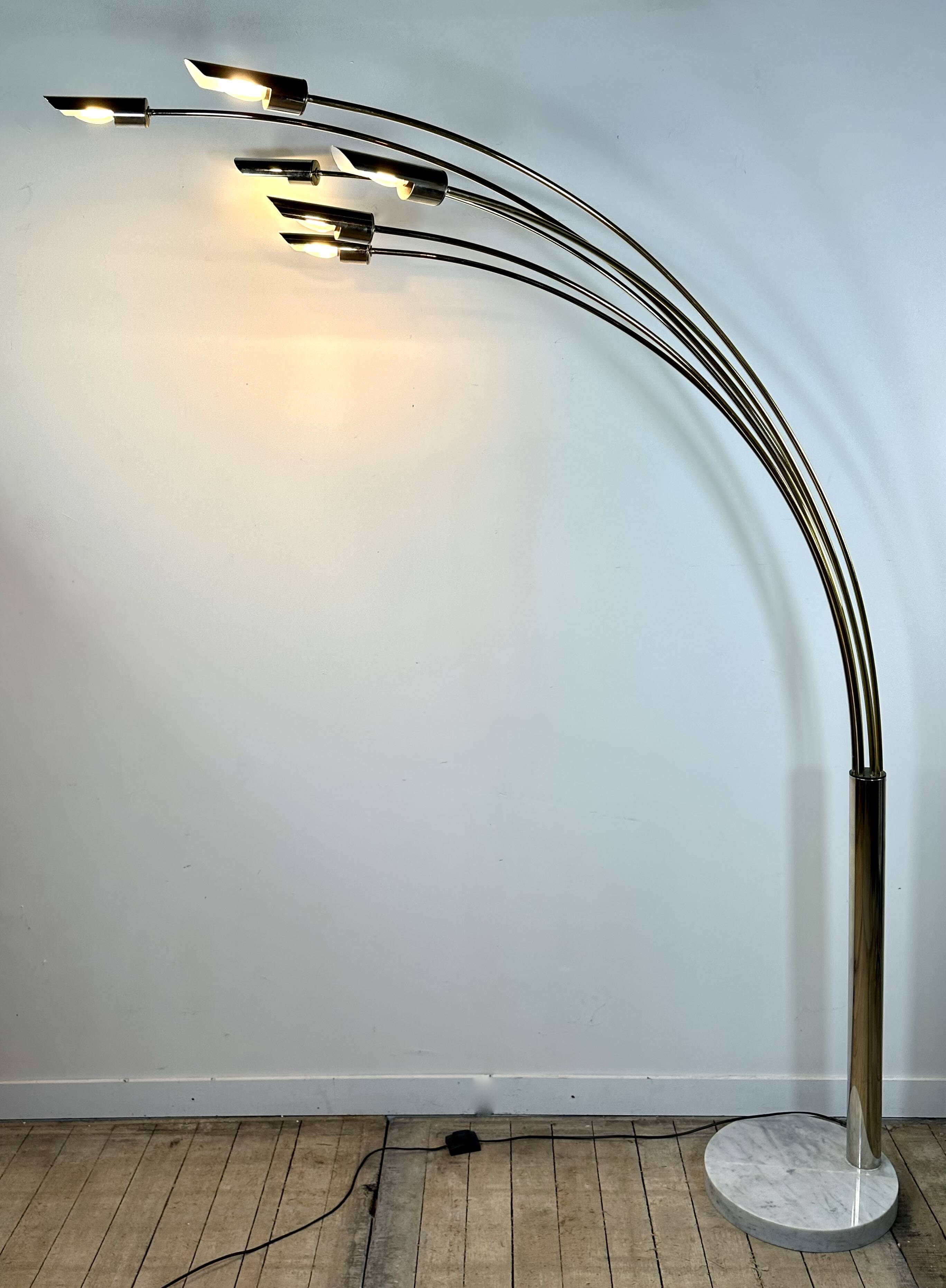 Italian Arc floor lamp with 6 lights in gold brass, 1970s.