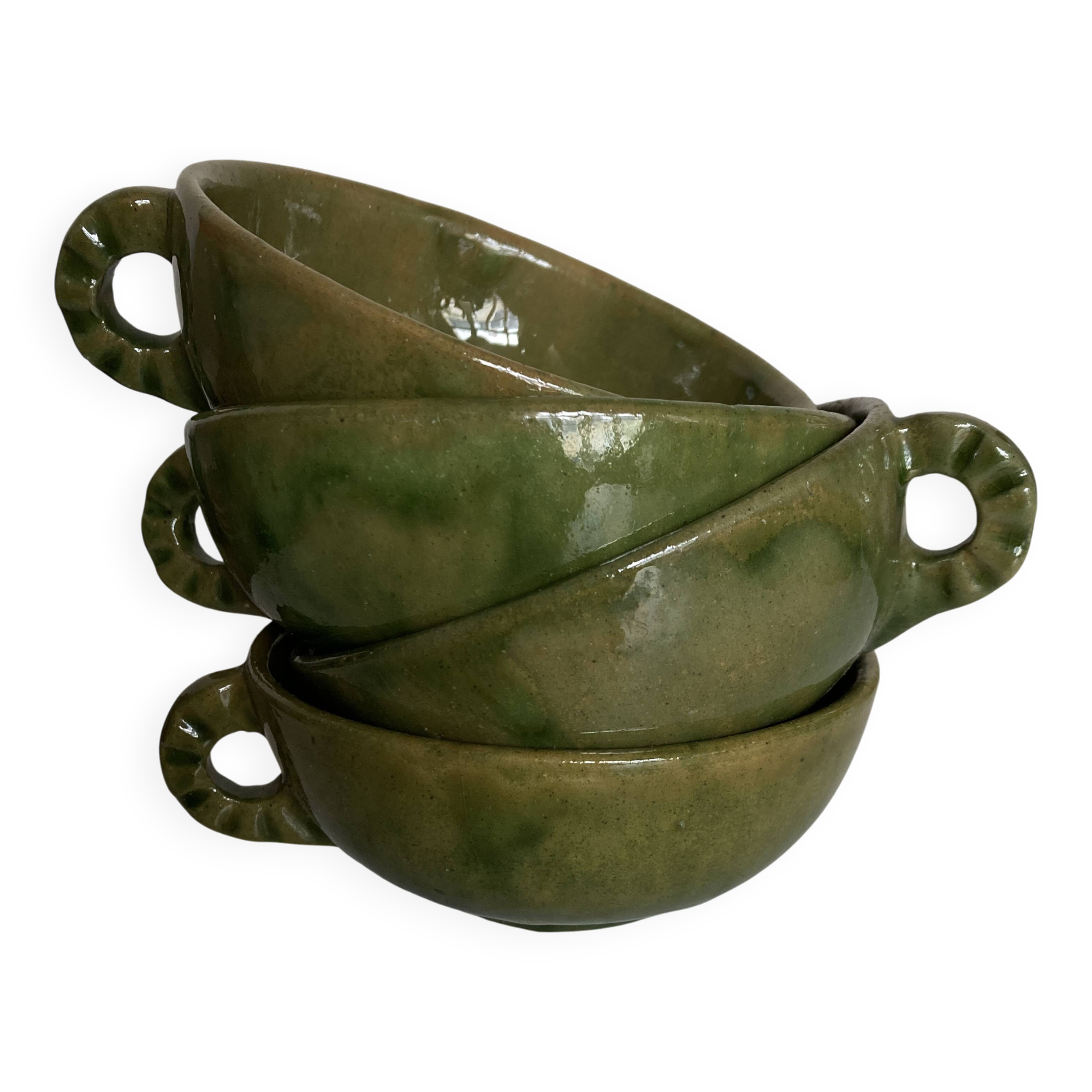 Set of 4 green bowls with handles in Biot glazed earthenware, 1960