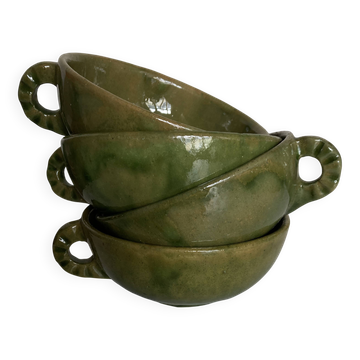 4 green glazed earthenware bowls with handles from Biot, 1960