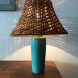 Enamelled ceramic lamp and rattan