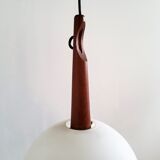 Teak and opaline glass pendant lamp by Uno and Östen Kristiansson for Luxus, Sweden 1950's