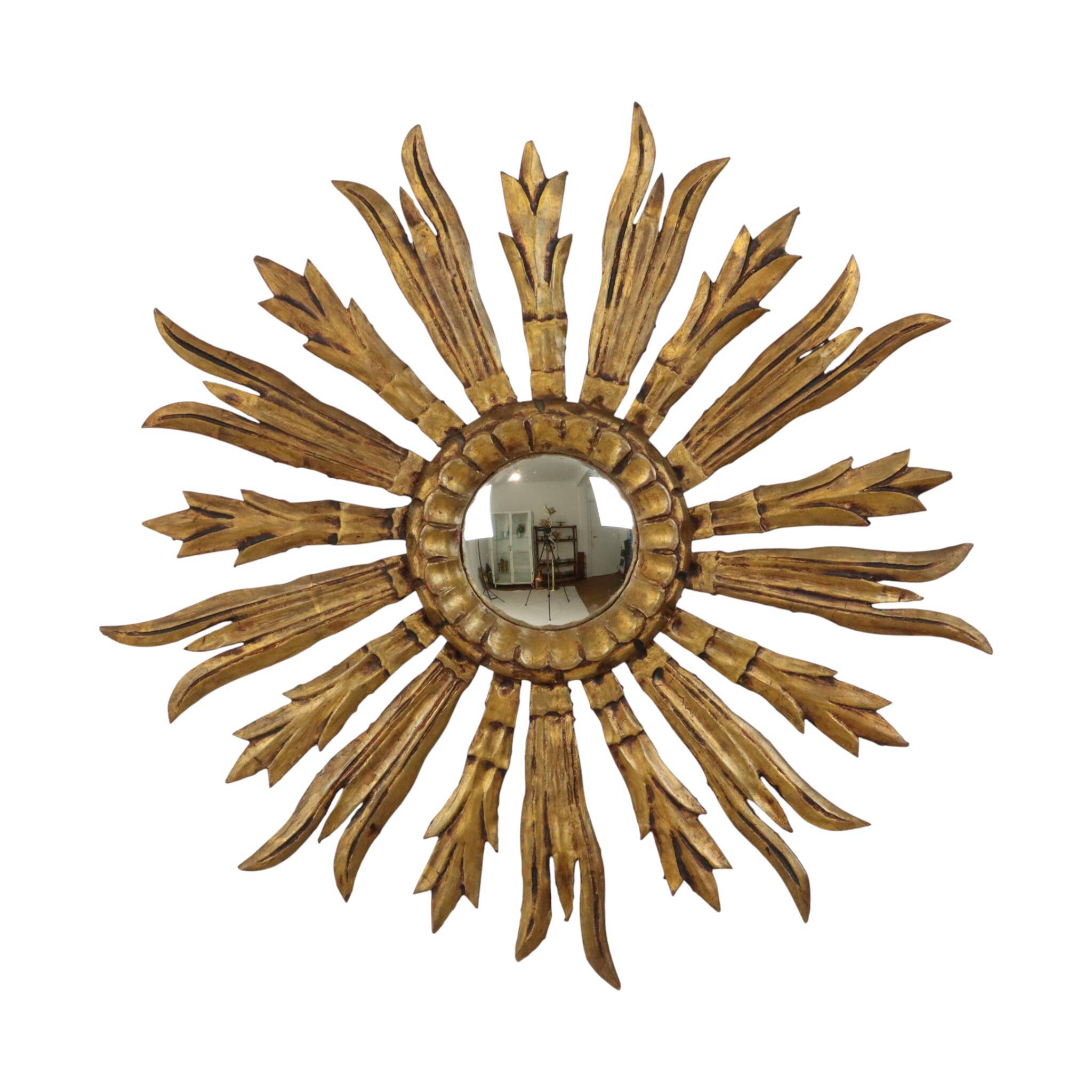 Old Wooden Sun Mirror Sunburst Mirror Gold Fifties 70cm