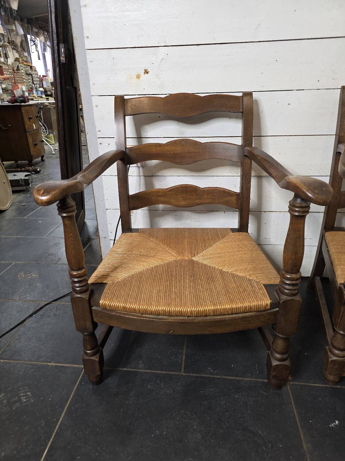 Pair of low beech armchairs