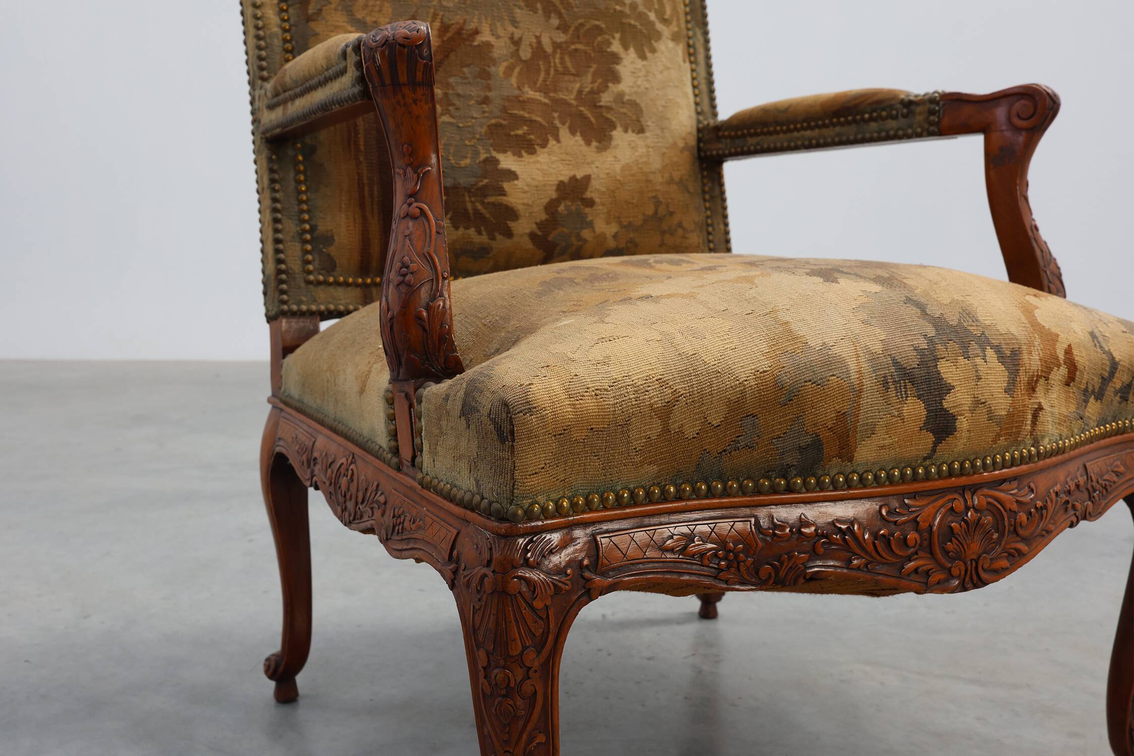 Carved Walnut Armchair with Cabriole Legs and Tapestry Upholstery, France