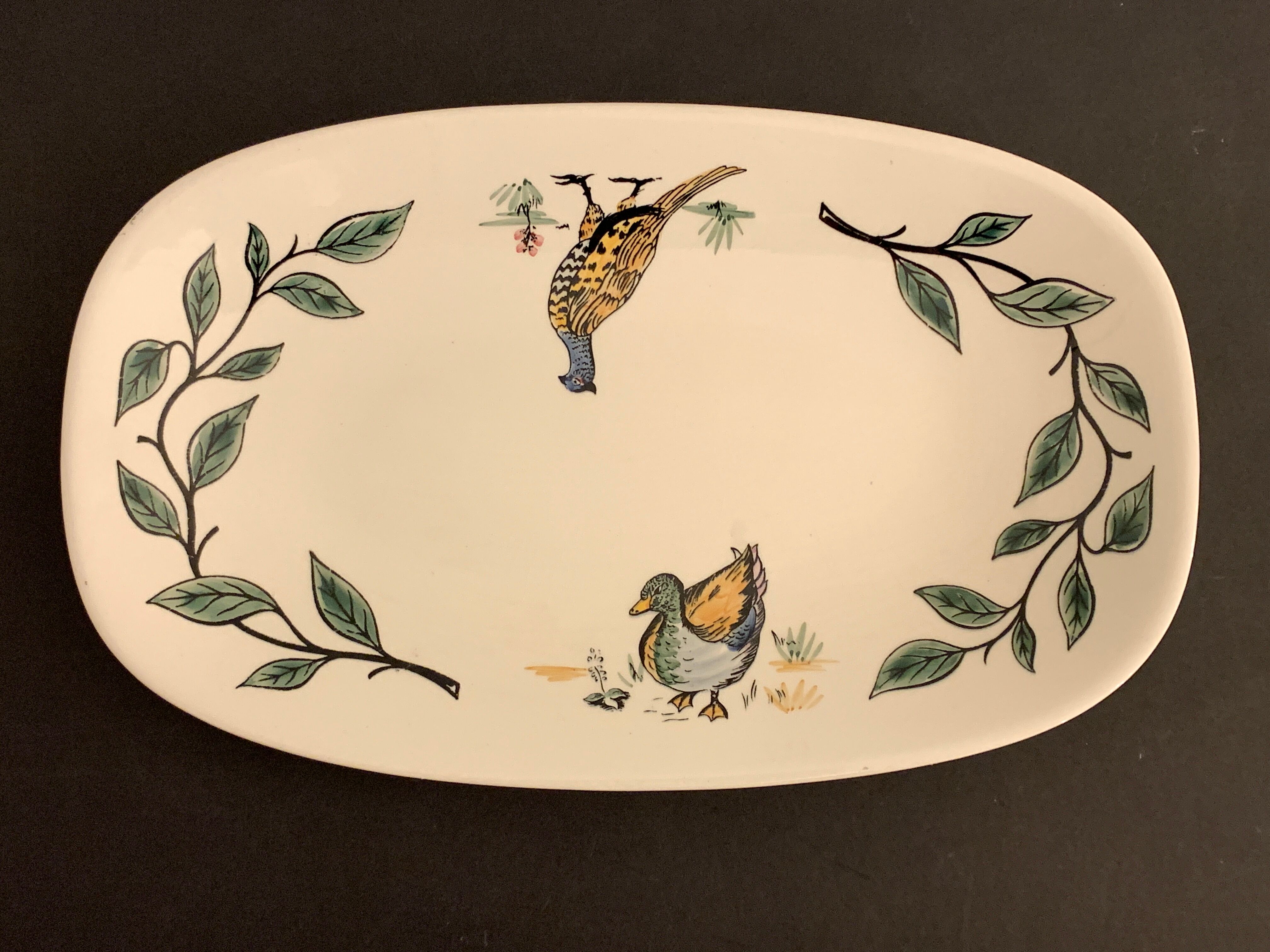 Gien hunting dish decorated with pheasant and duck, 1970