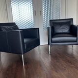 2 fauteuils de salon modernistes allemands en cuir noir et acier de Walter Knoll