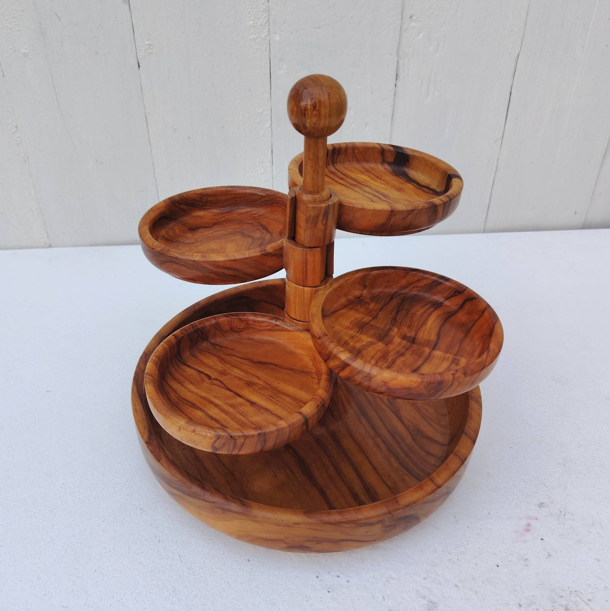 Aperitif server, olive wood, 70's design.