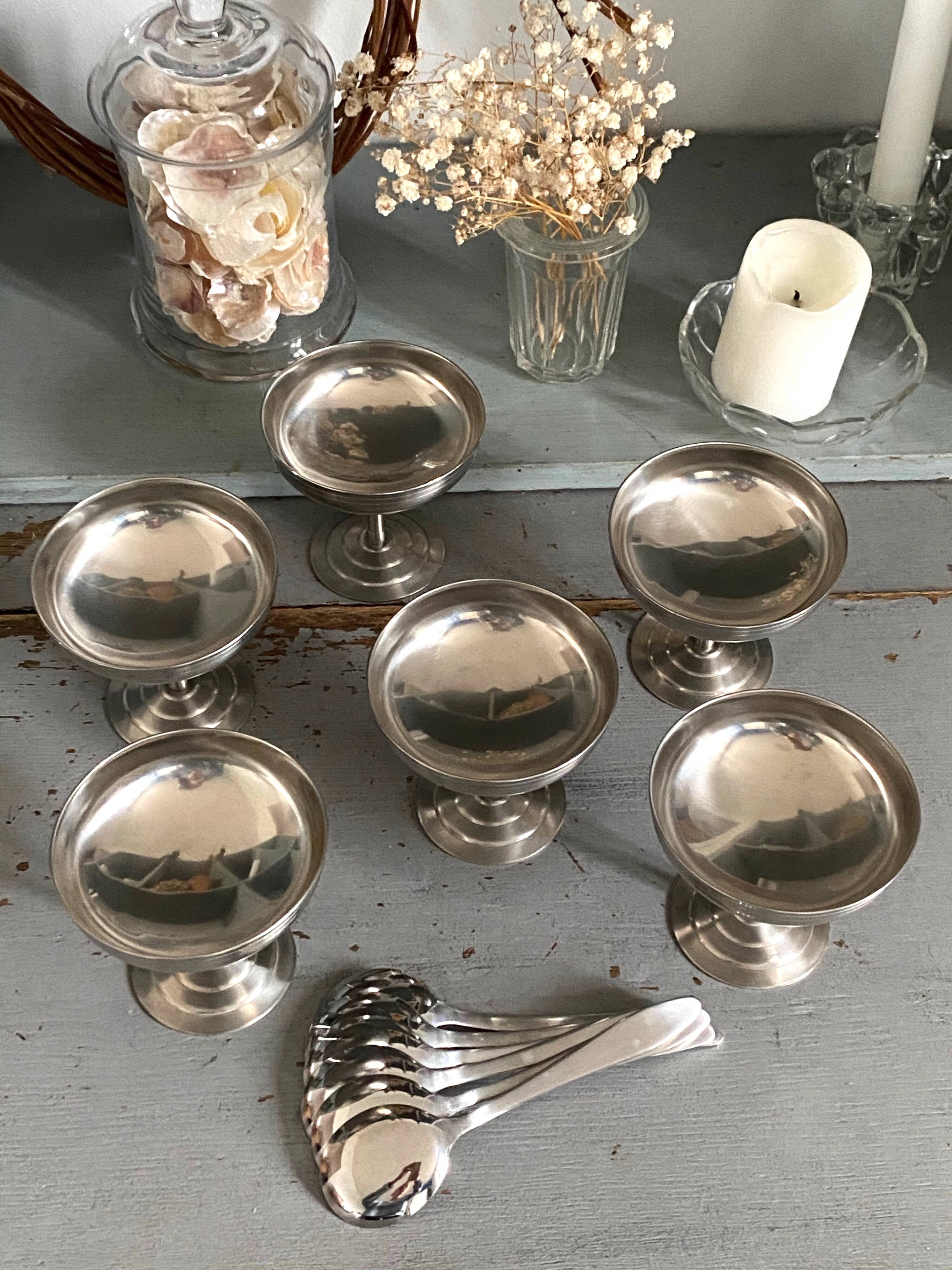 Ice cream cup with spoons, vintage stainless steel