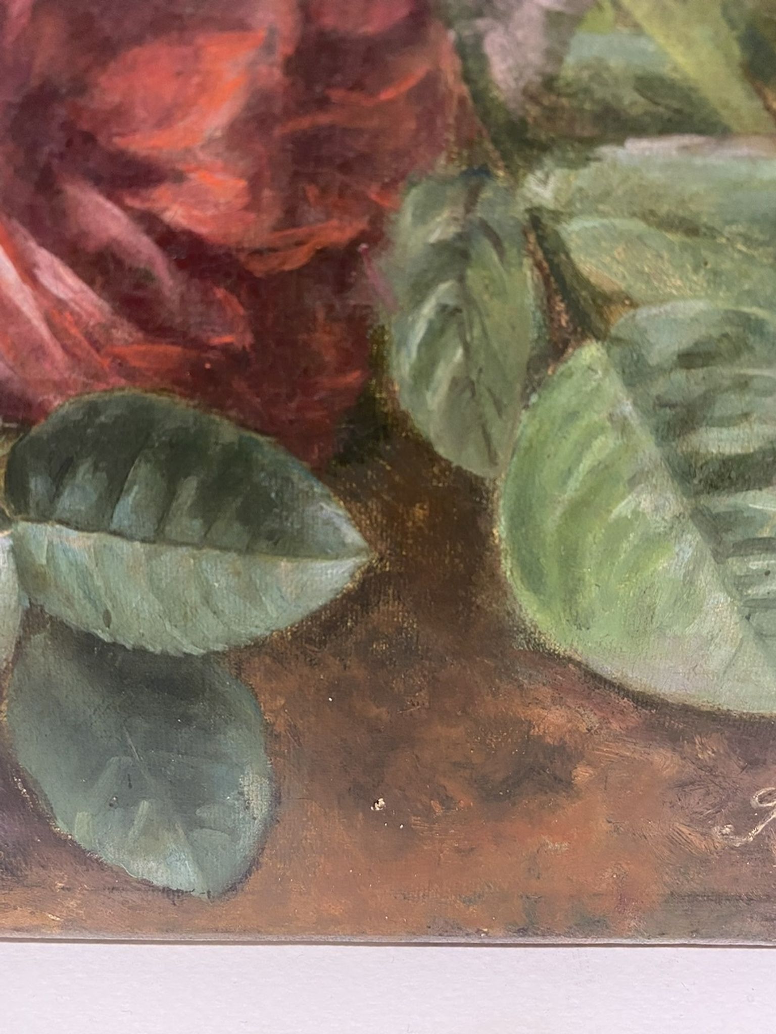 Old painting, still life with daisy roses and wild flowers, signed, early XX century