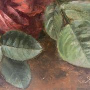 Old painting, still life with daisy roses and wild flowers, signed, early XX century