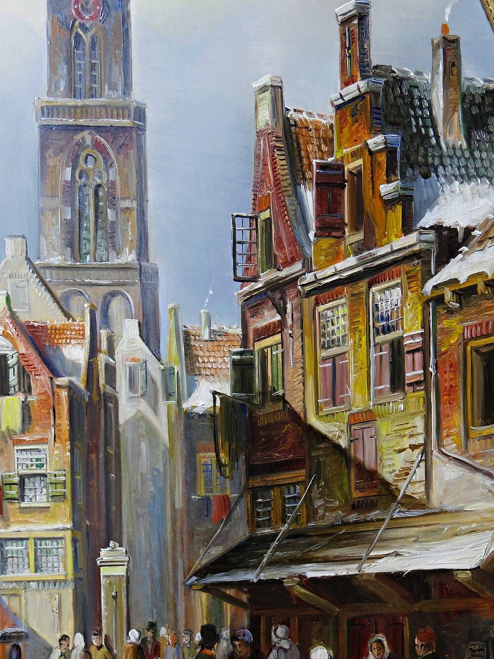 Large urban scene oil on wood framed painting John Haanstra vintage