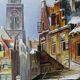 Large urban scene oil on wood framed painting John Haanstra vintage