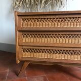 Vintage wood and rattan chest of drawers