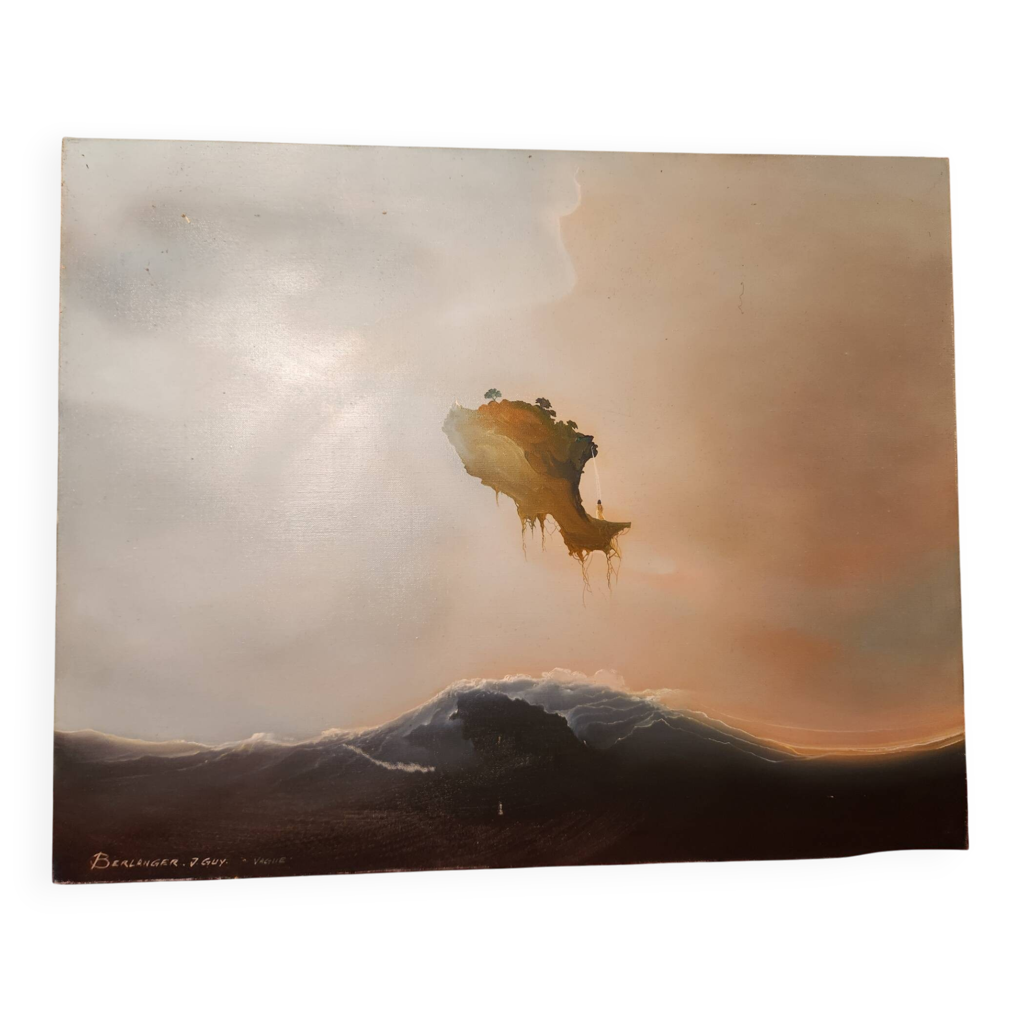 Grand tableau huile sur toile onirique signé Jean Guy Berlanger titre Vague