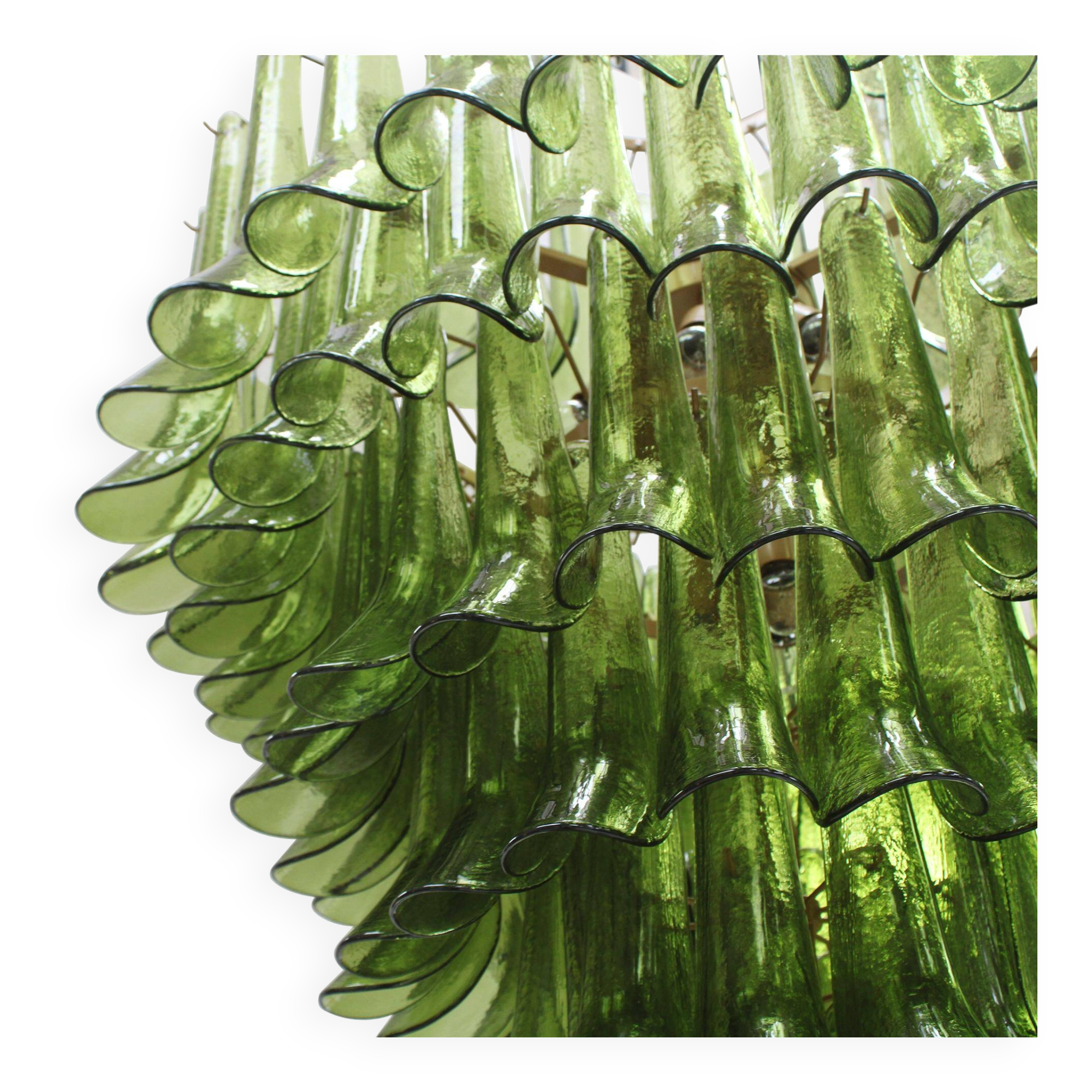 Green Murano Glass Petal Chandelier with Gold-Toned Support, Italy