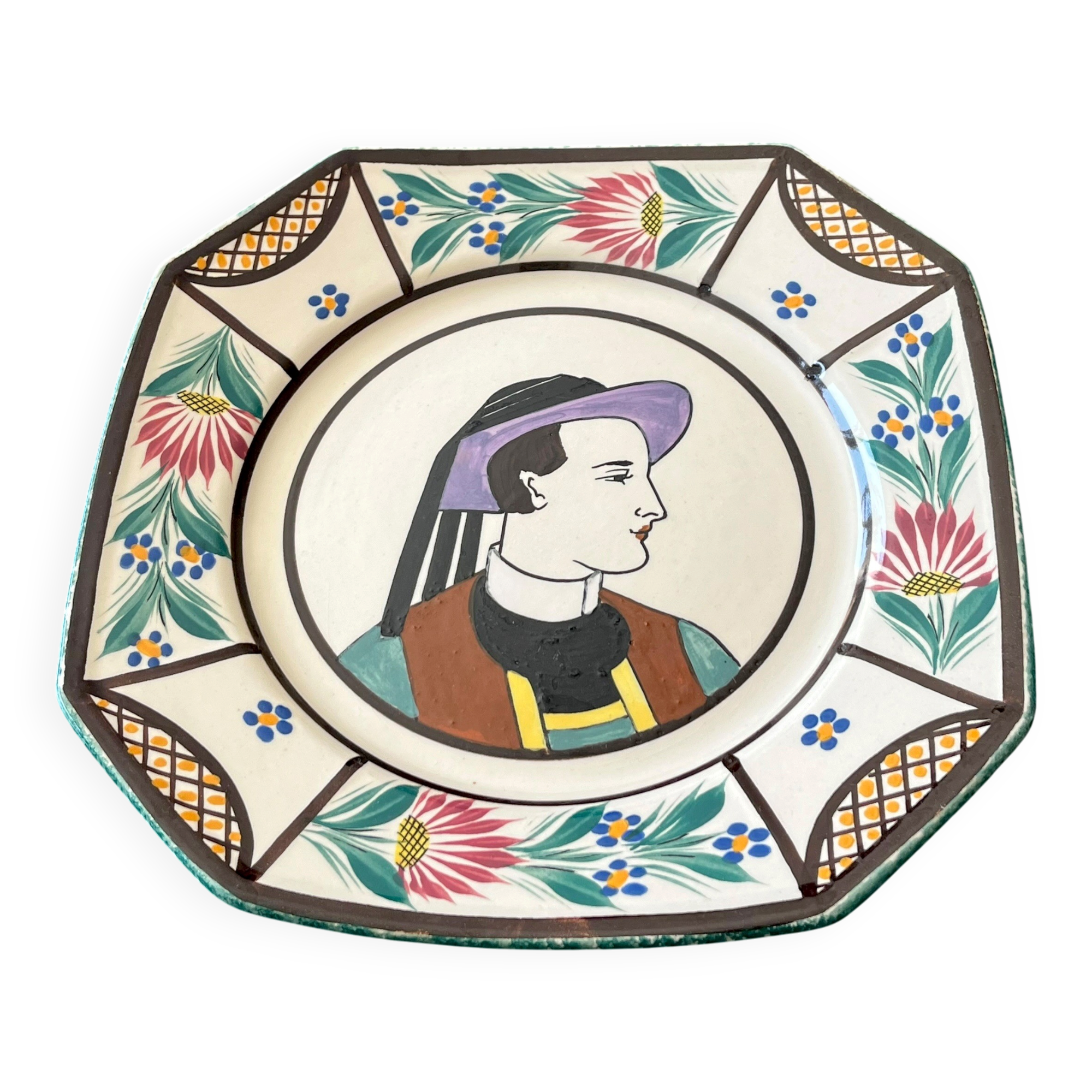 Octagonal plate from Quimper pottery - HB Henriot - Breton character