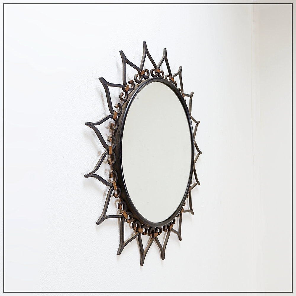 Wall mirror sun in wrought iron with heart pattern - 1960s