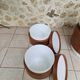 Barrel chair + 2 poufs Selac 1970s cognac and white faux leather