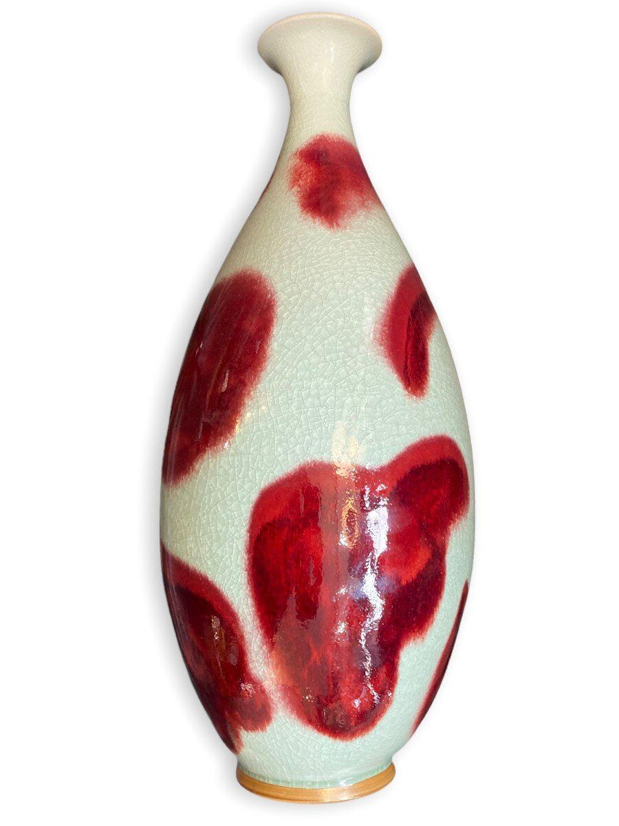 Large baluster vase in Chinese cracked ceramic Pigeon blood and celadon