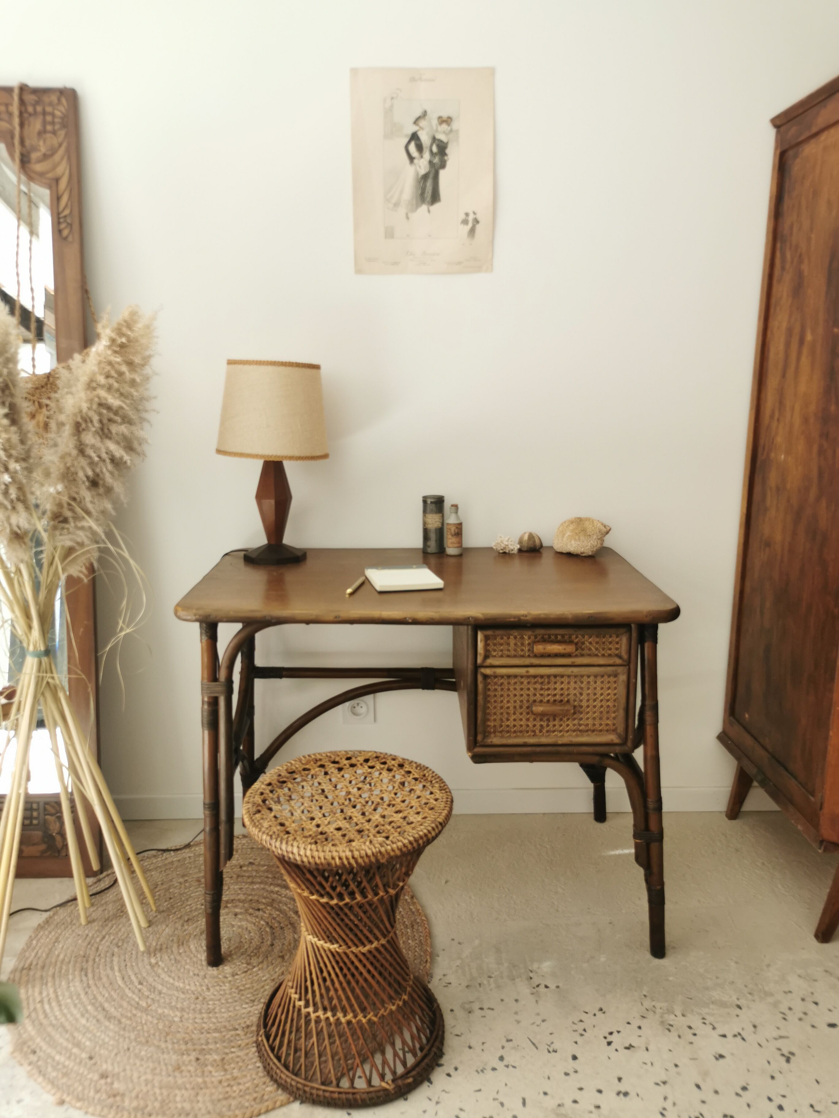 Rattan desk and vintage canning