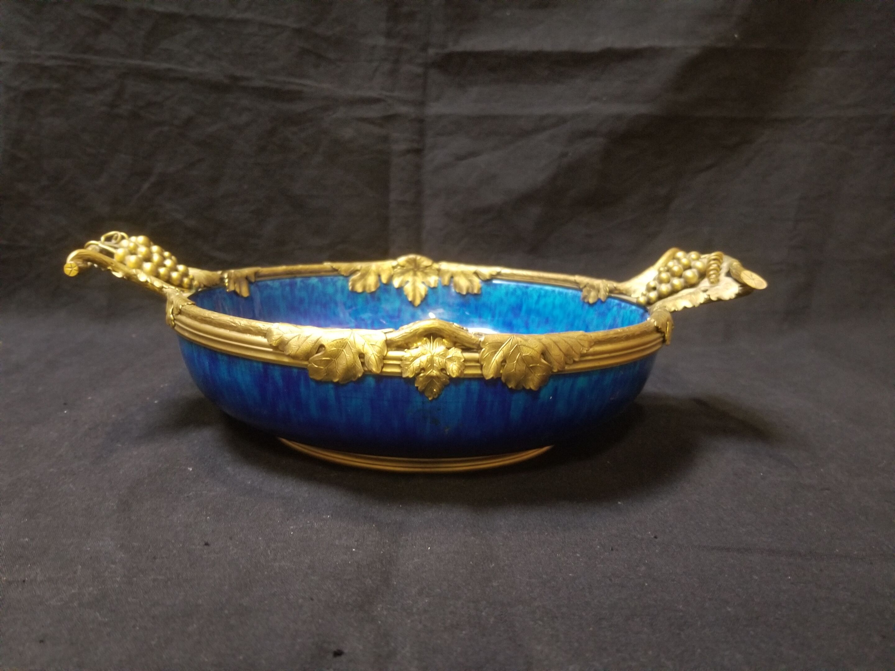Cobalt blue fruit cup in Sèvres Porcelain and Bronze signed Paul Milet