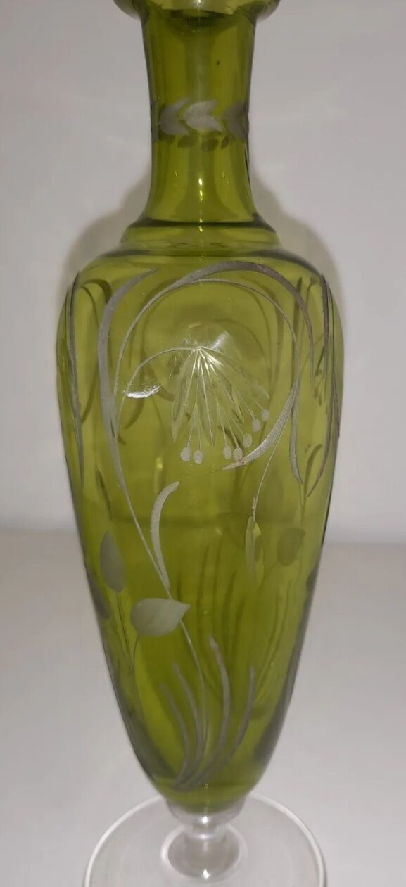 Antique soliflore vases on engraved glass stand