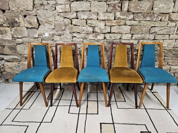 Lot de 5 chaises vintage bistrot pied fuseau 1960