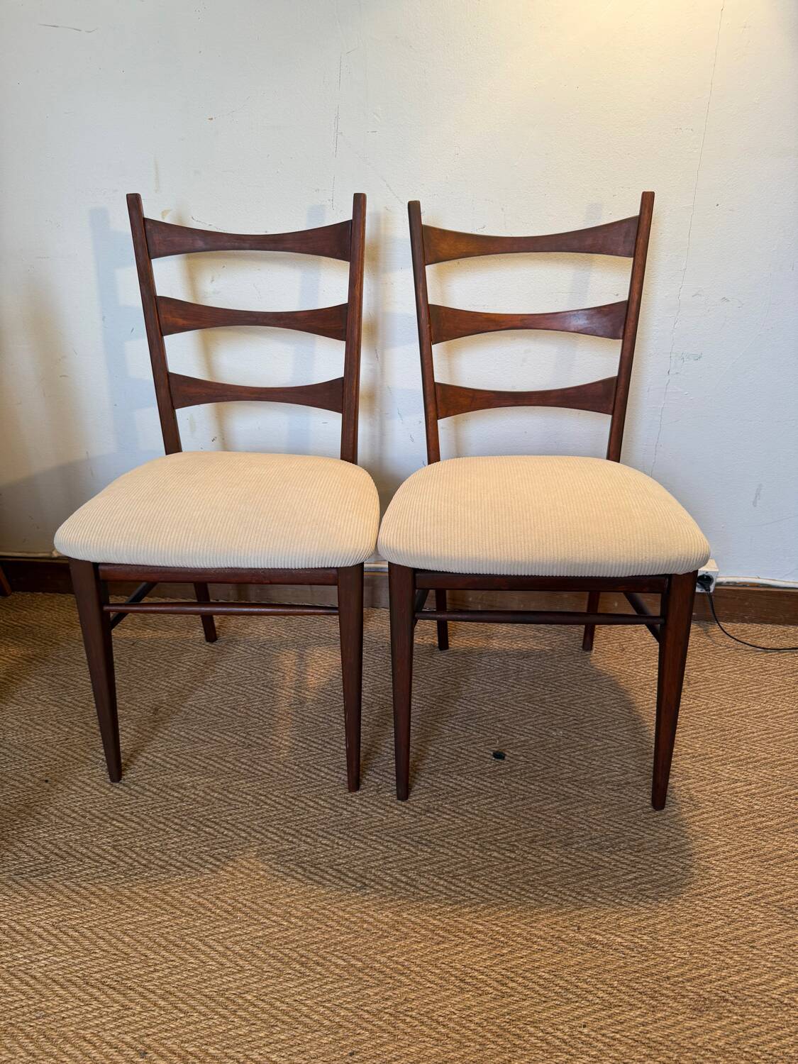 Pair of vintage wood and corduroy chairs