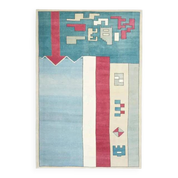Tapis vintage turc Oushak fait à la main en laine et coton bleu 204x304