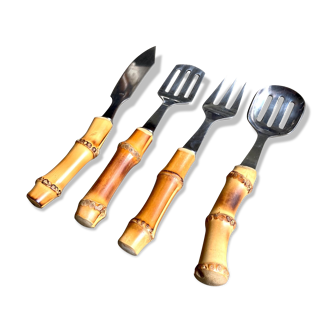 4 serving cutlery in stainless steel and bamboo