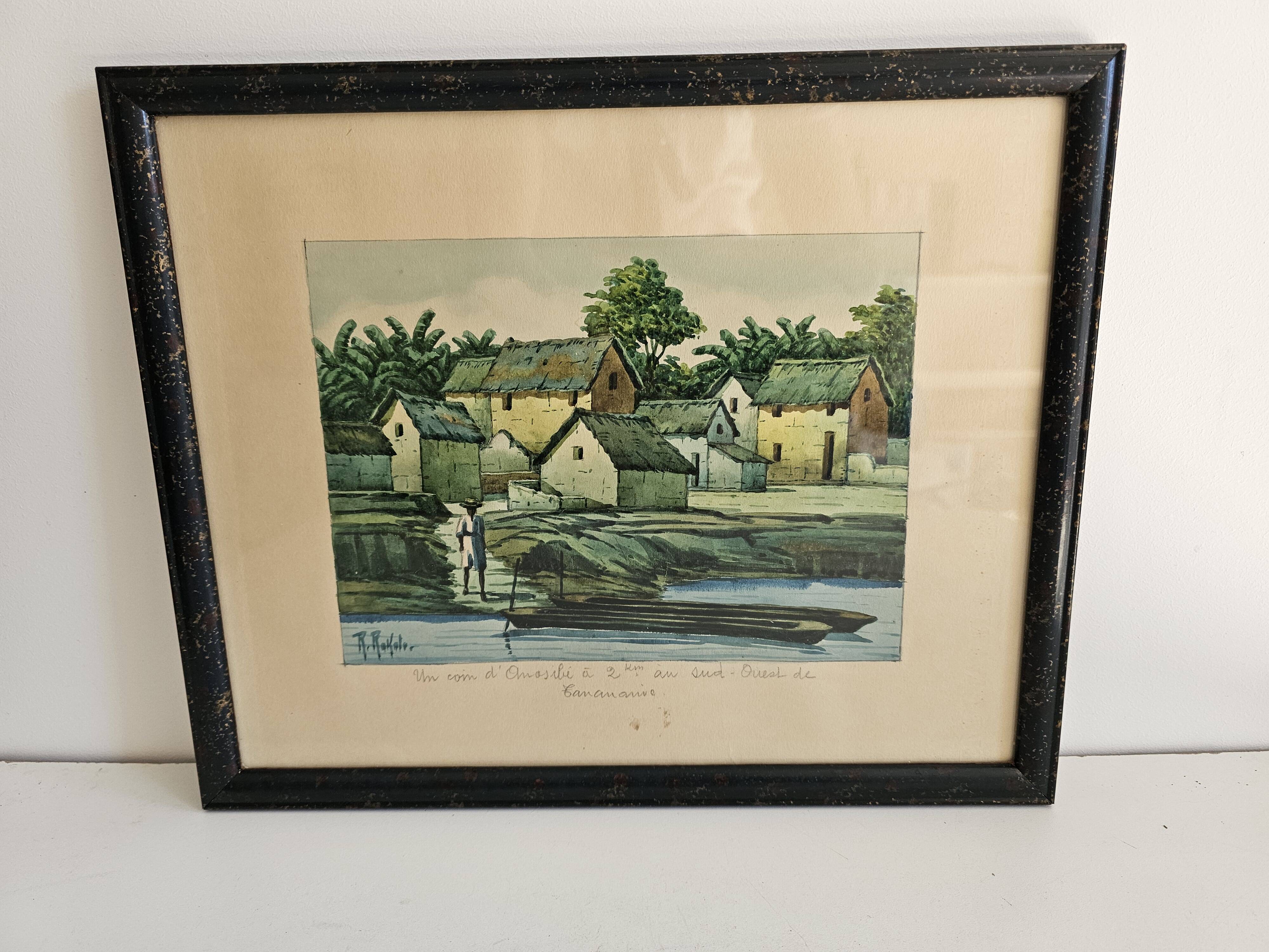 Watercolour painting on paper Madagascar Malagasy Village Signed R Rakoto
